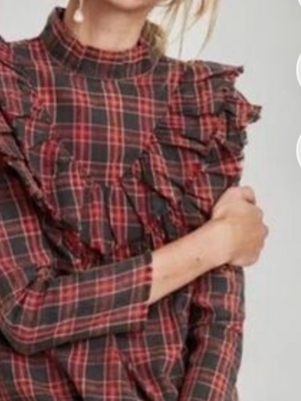 Zara Victorian Ruffle Plaid Top Red & Black